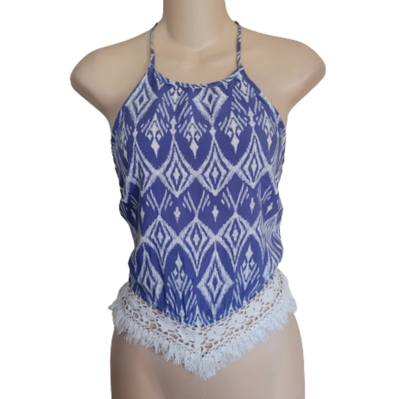 Charlotte Russe Blue White Printed Triangle Halter with Crochet Trim Size Large - Picture 1 of 10